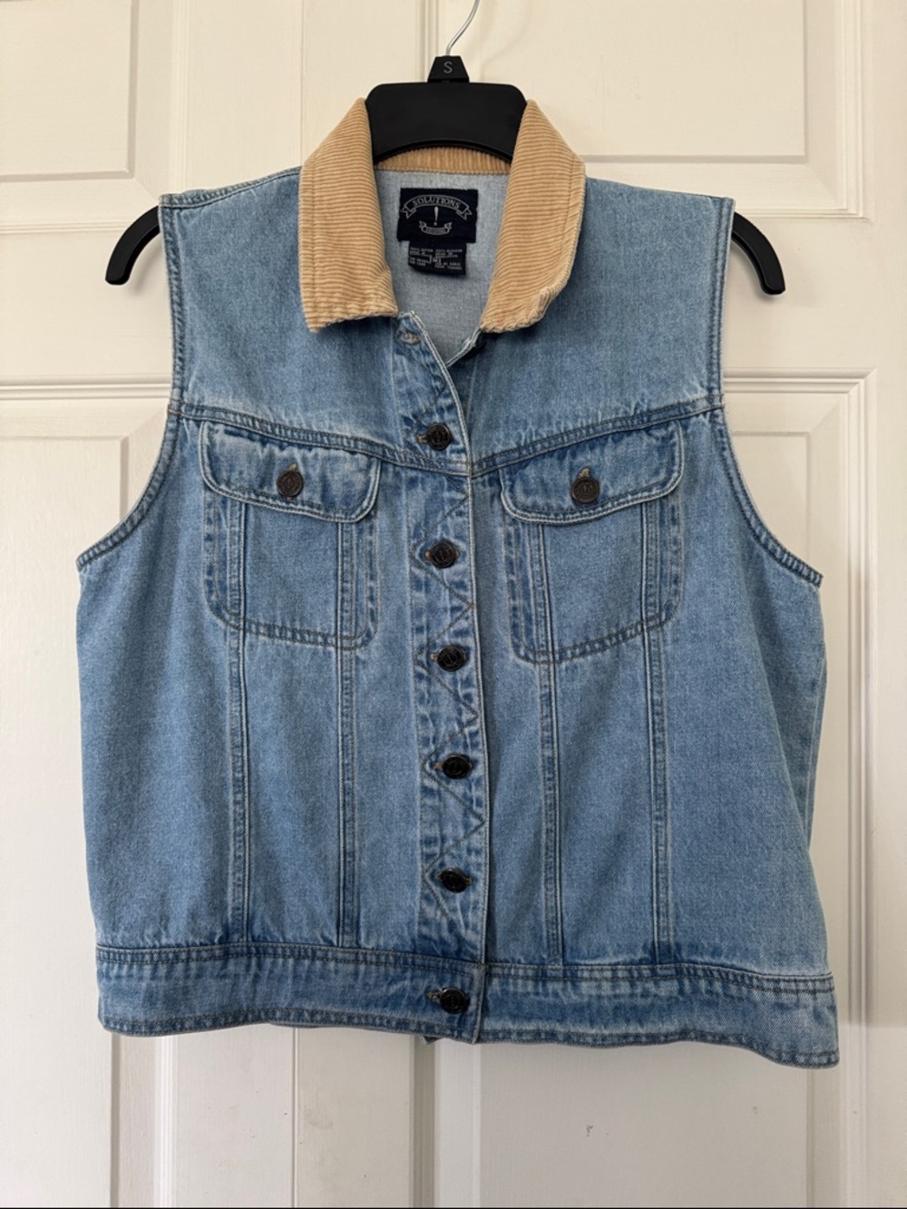 Solutions Vintage Light Wash Denim Vest with Tan Corduroy Collar M